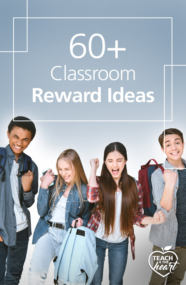 In this post, you'll get over 60 classroom reward ideas. You can use these ideas in elementary, middle school, or high school. All of these rewards are easy and many are free. These reward ideas are great to encourage positive behavior and a wonderful classroom environment. Get classroom reward ideas for students at www.teach4theheart.com.